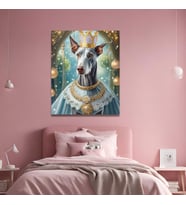 Tekli Dikey Kanvas Duvar Tablosu Prenses Kostümlü Gri Doberman Köpek