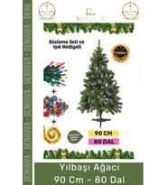 Premium Kutu Süsleme Seti Yılbaşı Çam Ağacı Renkli Işığı Yeni Yıl Süsleri Noel Paketi 90 Cm 80 Dal