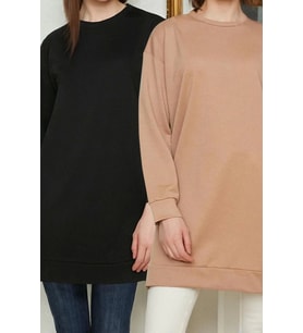 Tesettür Tarz Regular Bisiklet Yaka Düşük Kol Uzun 2li Paket Basic Örme Sweatshirt (Çok Renkli)