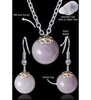 Sertifikalı Küre Model Kalsedon Taşı Kolye ve Küpe Seti - Gümüş Aparatlı (Çok Renkli)