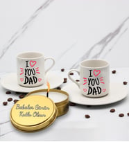 I Love You Dad Baskılı 2'li Türk Kahve Fincanı & Metal Mum Hediye Seti Babalar Gününe Özel Hediye B2 (Beyaz)