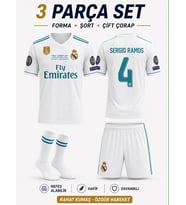 Sergio Ramos Real Madrid Beyaz 2018 Çocuk Futbol Forması Çorap Hediyeli
