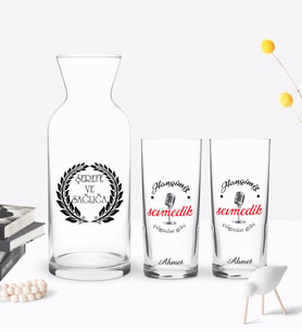 BK Gift Kişiye Özel Renkli Baskılı Çılgınlar Gibi Tasarımlı İkili Rakı Bardağı ve Karaf Hediye Seti-1 (Model 1)