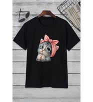 Unisex Sevimli Kedi Tasarım Tshirt (Siyah)