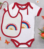 BK Kids Gökkuşağı Tasarımlı Kırmızı Bebek Body Zıbın ve Mama Önlüğü Hediye Seti-1
