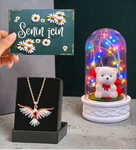 Renkli Led Işıklı Fanus ve Renkli Zümrüdü Anka Kuşu Kolye (Model 3)