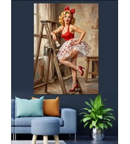 Merdivende Boyacı Pin-Up Kız Dekoratif Kanvas - Mdf Ahşap Tablo