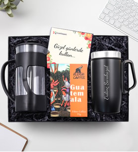 Kişiye Özel Kulplu 280 ML Çelik Termos & Siyah French Press & Alerya Guatemala Filtre Kahve Hediye Seti