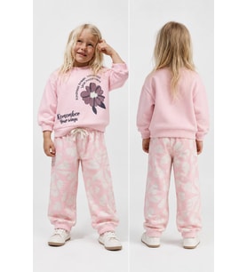 Remember Your Wings Çiçek Baskılı Pembe Sweatshirt Desenli Eşofman Altı 3İp AltÜst Takım