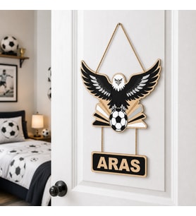 Kişiye Özel Siyah Beyaz Kanatlı Kartal ve Futbol Temalı Ahşap Çocuk Odası Kapı Süsü