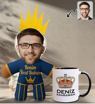 BK Gift Kişiye Özel Fotoğraflı Kral Babam Tasarımlı Bebek Yastık-2 & Siyah Kupa Bardak Hediye Seti-13, Babalar Günü Hediye, Babaya Hediye