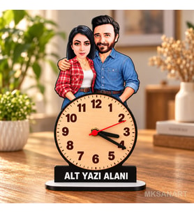 Kişiye Özel 2 Kişilik Çift Karikatürlü 18 cm MDF Dikey Masa Saati - Sevgiliye ve Eşe Hediye Sevgililer Günü ve Yıl Dönümü Hediyesi Kırmızı