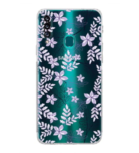 Samsung Galaxy A20s  Kamera Korumalı  Kapak Floral Lila Tasarımlı  Şeffaf Kılıf
