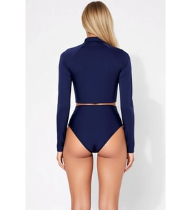 Kadın Sörfçü Bikini Takımı Dik Yaka Fermuarlı Uzun Kol Yüksek Bel Slip Alt Örme Kumaş Düz Desen