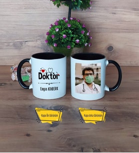 Doktor Kupa Bardak Siyah Fotoğraflı Tıp Bayramı Hediyesi Doktora Hediye
