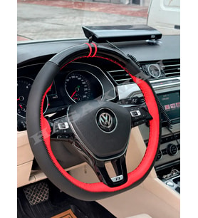 Vw Golf 7.5 Dikme Direksiyon Kılıfı Parlak Siyah Kırmızı Detaylı Kırmızı Çift Yüzük ve Dikiş 2017-2020