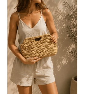 El Yapımı Naturel Rafya İp Detaylı Clutch Çanta