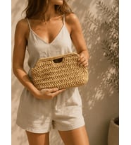 El Yapımı Naturel Rafya İp Detaylı Clutch Çanta