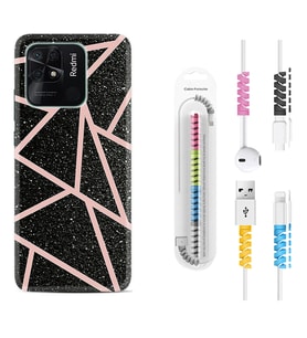 Xiaomi Redmi Note 7 8 9 Pro 10 2022 10 Pro 10S Kılıf Kablo Koruma Spiral Silikon Pembe Şeritli Mermer 1312