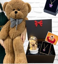Büyük Boy Kahverengi Peluş Ayıcık ve Kelebek Kolyeli Fotoğraflı Hediye Kutusu - Premium Set (Model 7)