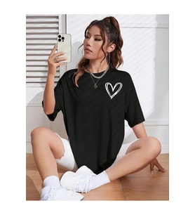 Bisiklet Yaka Baskılı Oversize T-Shirt - Siyah