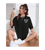 Bisiklet Yaka Baskılı Oversize T-Shirt - Siyah