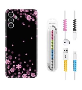 Samsung A23 A31 A32 A50 A51 A52 A53 A70 Kılıf Kablo Koruma Spiral Silikon Black flowers 1391