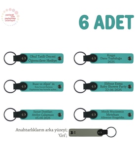 Doğa Yürüyüşü Ekibine Hatıra Olarak 6'lı Set, Kişiye Özel Yazılı Deri Anahtarlık, Koyu Turkuaz & Gri