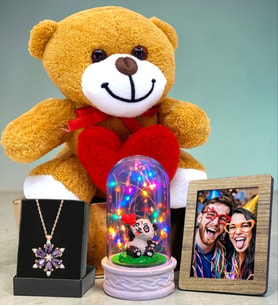 Fotoğraflı Hediye Seti & Renkli Işıklı Fanus, Ametist Taşlı Lotus Kolye, Peluş Ayıcık (Model 8)
