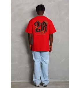 pilelistore- Unisex Oversize Baskılı Bisiklet Yaka T-Shirt - Kırmızı