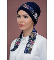 Lacivert Pratik Hazır Geçmeli Tesettür Bone Sandy Kumaş Desenli Şifon Kemerli 1205D_02