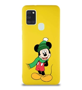 Samsung Galaxy A21S Soft Premier Kapak Mickey Mouse-G Tasarımlı Silikon Kılıf - Sarı (Şeffaf)