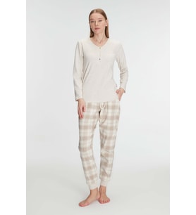 Kadın Bej Uzun Kollu Alt Kısmı Ekose Desenli Düğme Detaylı Pijama Takımı (Renksiz)