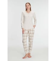 Kadın Bej Uzun Kollu Alt Kısmı Ekose Desenli Düğme Detaylı Pijama Takımı (Renksiz)
