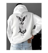 Unisex Beyaz Oversize Hoodie Kanatlı Figür Baskılı