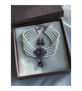 Baget Ve Su Damlası İnci Choker Tasma Kolye ve Küpe Seti