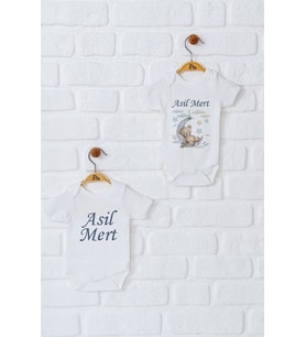 Pia Baby Premium %100 Pamuk İsme Özel Organik Baskılı İkili Set Çıtçıtlı Bebek Body Zıbın Modelleri 5018-17 (Ekru)