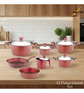 ARZU ÇELİK 12 Parça Granit Set Çelik Kapak - Kırmızı
