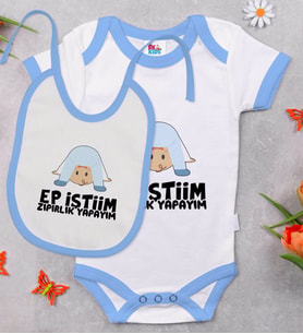 BK Kids Ep İstiim Zıpırlık Tasarımlı Mavi Bebek Body Zıbın ve Mama Önlüğü Hediye Seti-1