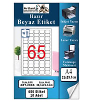 A4 Hazır Etiket 38.1x21.2 mm 10 Sayfa 1 Paket 65 li Kendinden Yapışkanlı Fotokopi Lazer İnkjet Kağıdı Yazıcılar İçin Uyumlu (Beyaz)