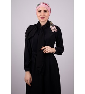 Pudra Pratik Hazır Geçmeli Tesettür Bone Sandy Kumaş Desenli Şifon Kemerli 1305D_06