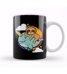Cute & Funny Sloth Riding Narwhal Animal Friends Kupa Bardak Porselen