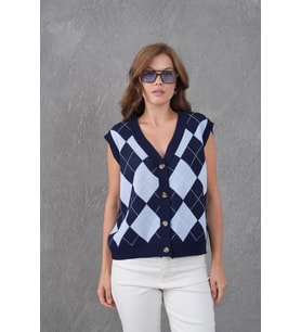 Kadın V Yaka Düğme Kapama Desenli Triko Sweater (Lacivert)