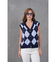 Kadın V Yaka Düğme Kapama Desenli Triko Sweater (Lacivert)