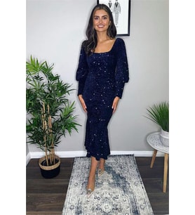 Neşeli butik kadın eteği volanlı pul payet abiye elbise NBEMP2336 (Mavi)