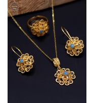 Firuze Taşlı Gül Model Kadın Gold Kaplama 925 Ayar Gümüş Telkari Üçlü Set 201025203