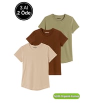 Kadın 3'lü Paket Kahverengi-Haki-Bej %100 Organik Pamuk Normal Kesim Tişört Bisiklet Yaka T-Shirt