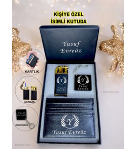 Kişiye Özel İsimli Harf Tasarım Lüks Çakmak & Kartlık & Anahtarlık 3 Lü Hediye Set Özel İsimli Kutu
