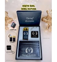 Kişiye Özel İsimli Harf Tasarım Lüks Çakmak & Kartlık & Anahtarlık 3 Lü Hediye Set Özel İsimli Kutu