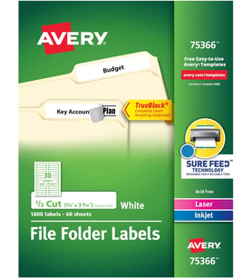 Avery Trueblock Dosya Klasörü Etiketleri, 2/3" X 3-7/16", 1800 Yazdırılabilir Etiket, Beyaz, Kalıcı